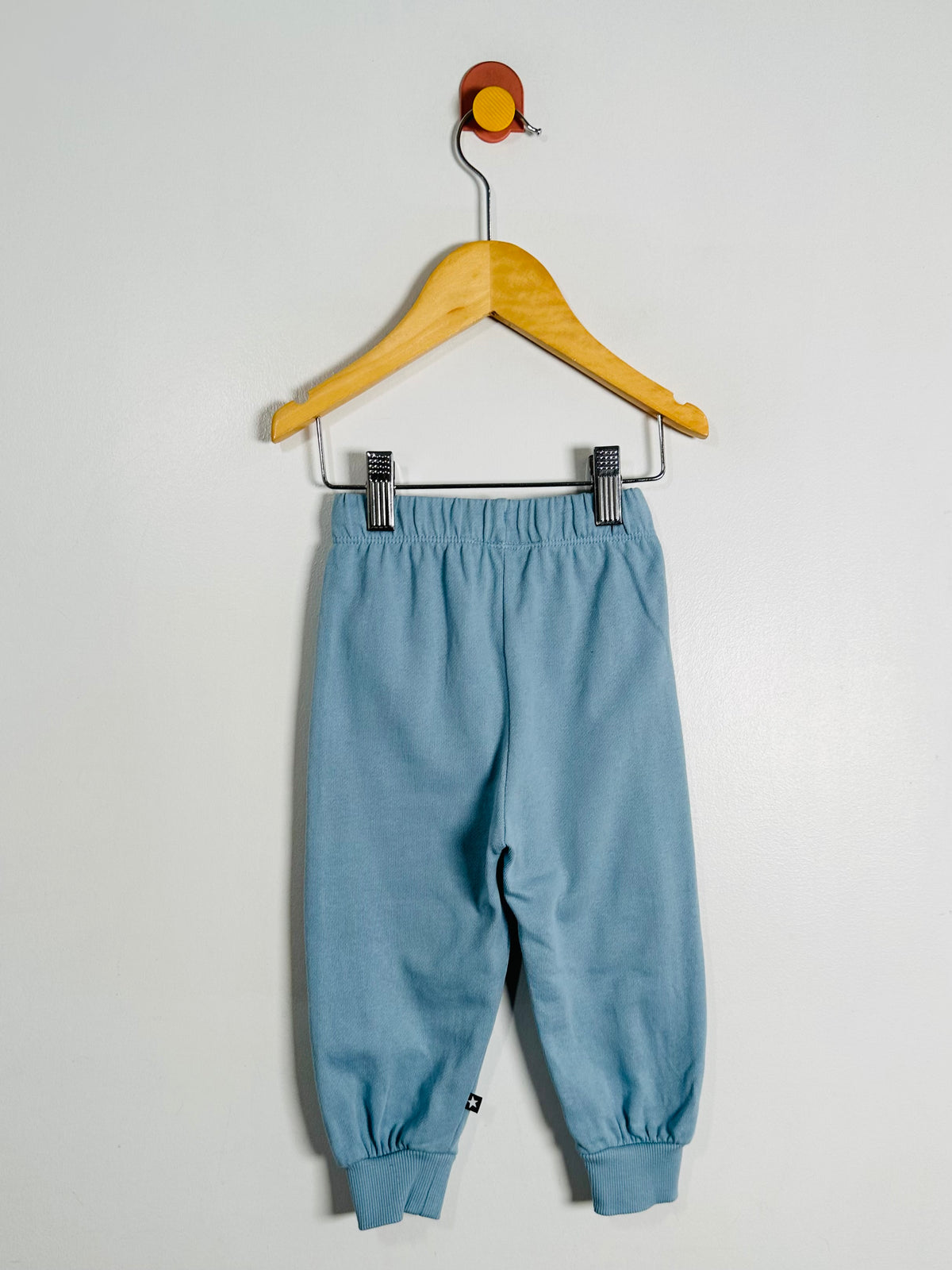 Light blue corduroy pants for toddlers, hanging on a wooden hanger against a plain light gray wall.