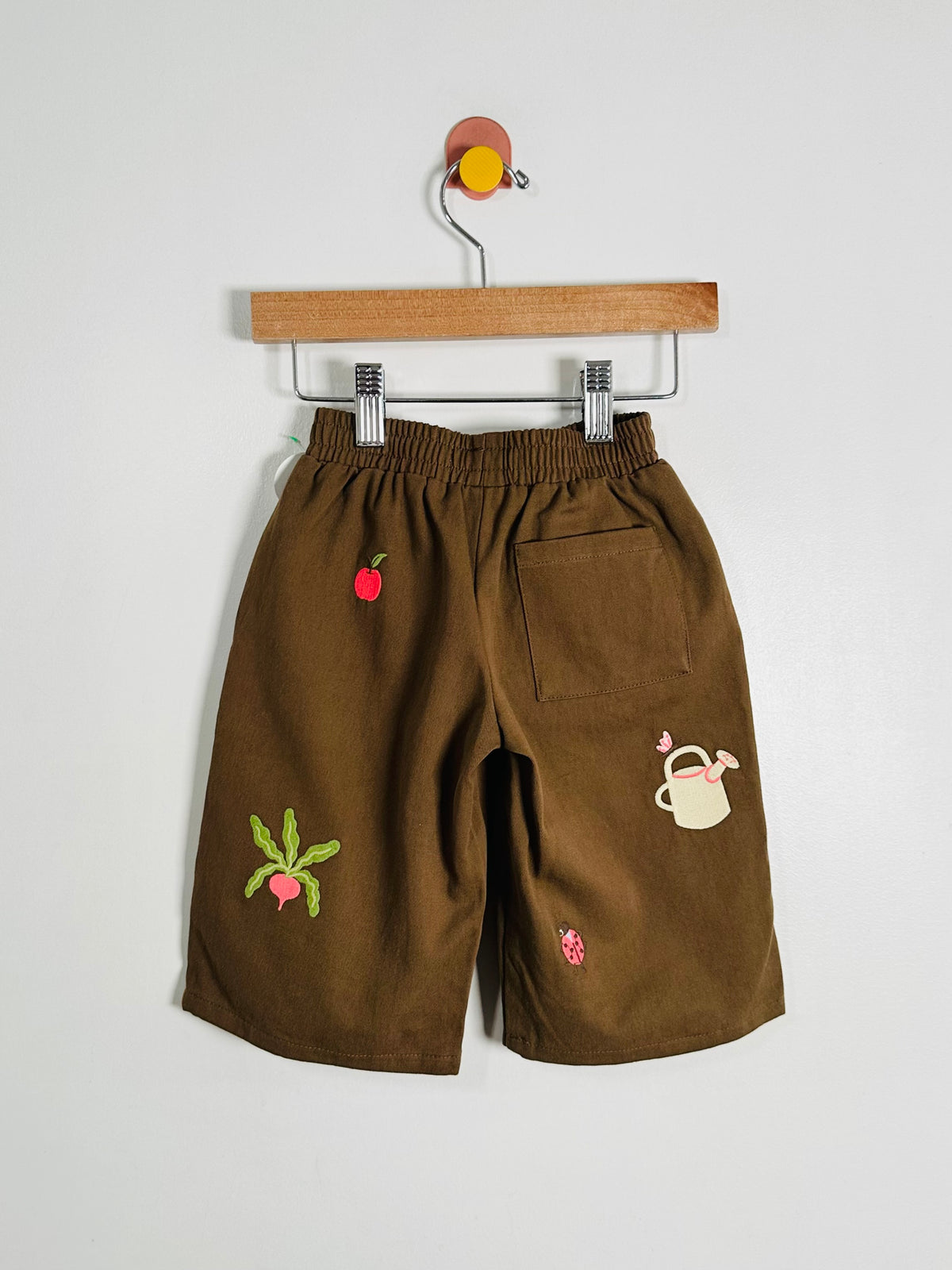 A pair of brown corduroy shorts with embroidered vegetable and animal motifs, hanging from a wooden hanger against a plain light gray wall.