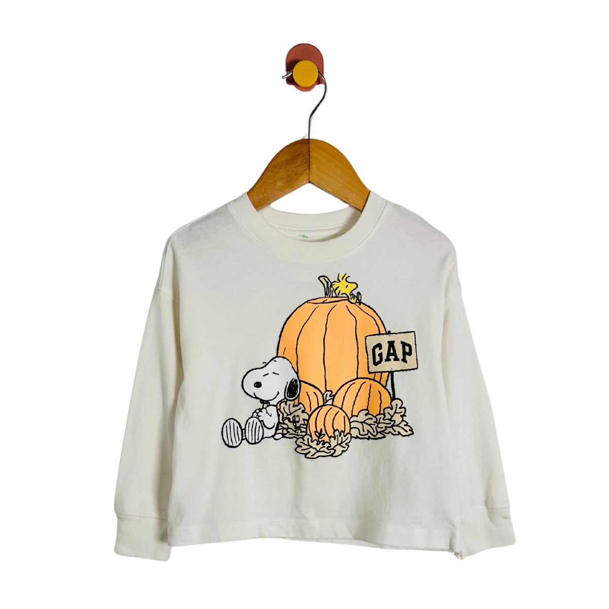 A cream-colored long-sleeve t-shirt featuring a Snoopy and Woodstock autumn graphic with pumpkins and a 'GAP' sign, hanging on a wooden hanger against a white background.