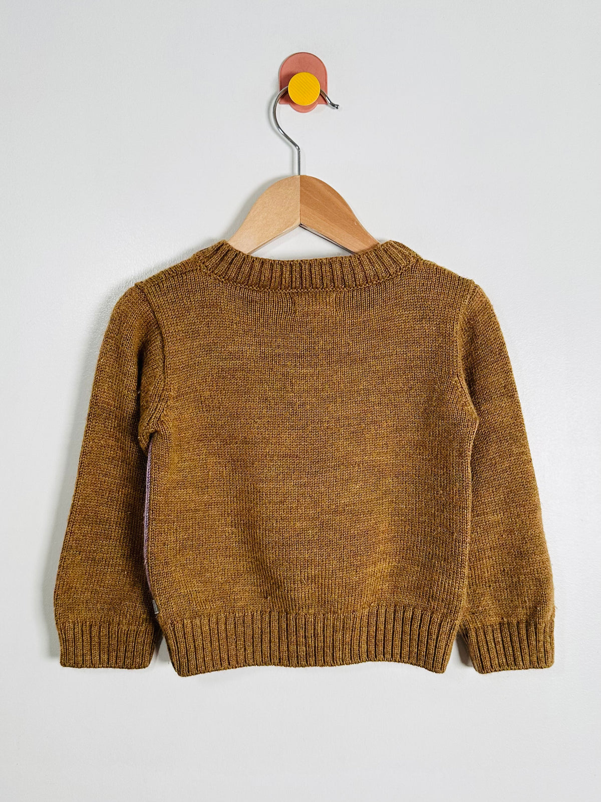 A brown knit sweater with long sleeves and ribbed collar, cuffs, and hem, hanging on a wooden hanger against a light gray wall.