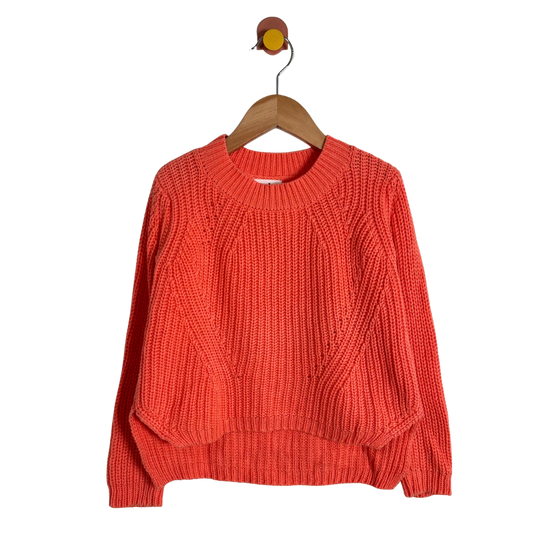 A bright coral orange chunky knit sweater with a crew neck and balloon sleeves, hanging on a wooden hanger against a plain white background.