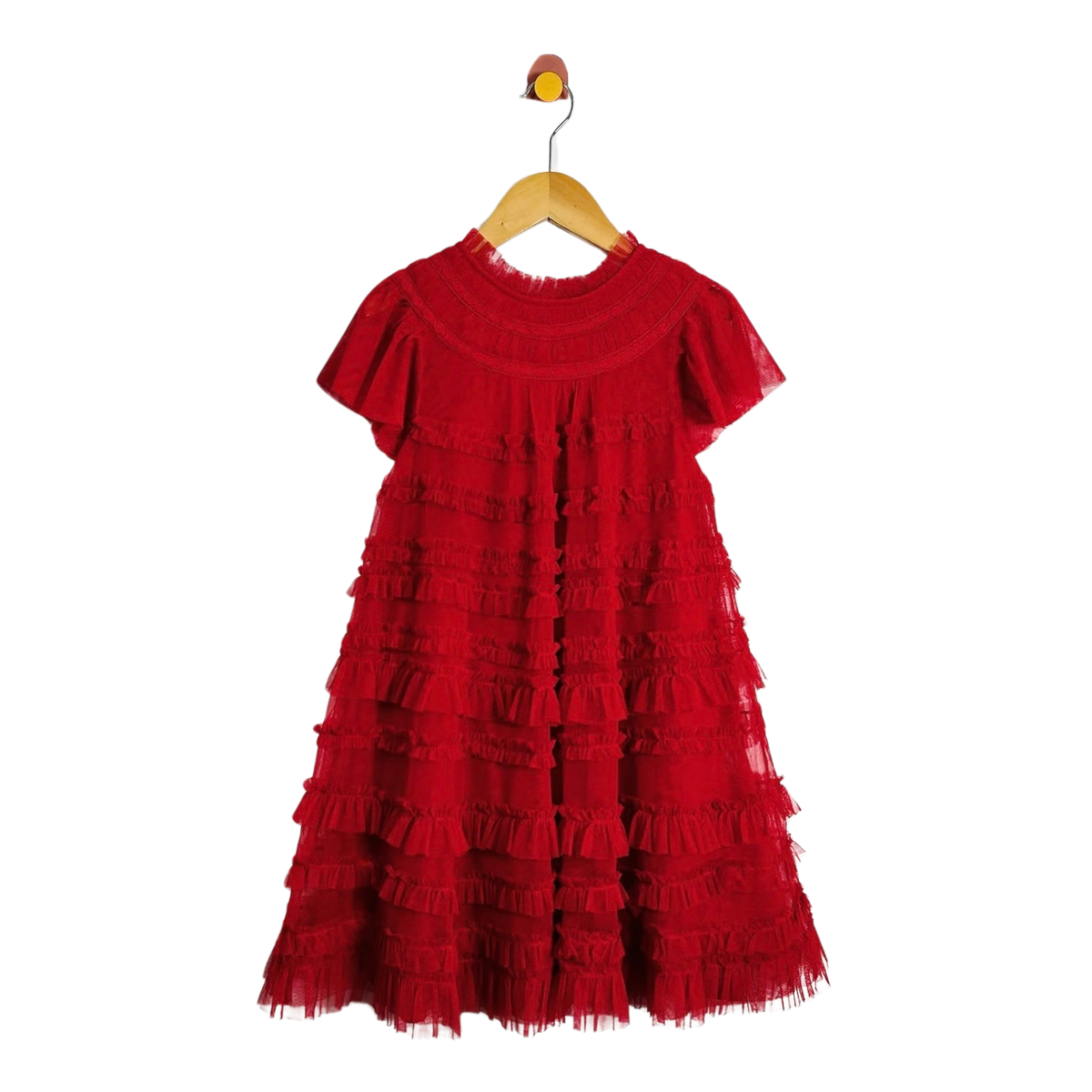 A red tiered tulle dress with short flutter sleeves and a smocked neckline, hanging on a wooden hanger against a plain white background.