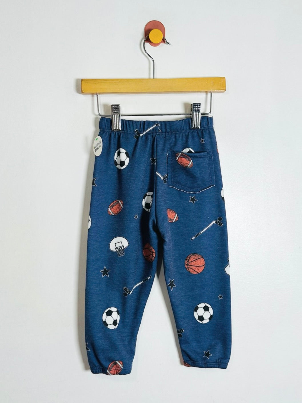 Blue jogger pants with a sports-themed print of soccer balls, basketballs, and footballs, hanging from a wooden hanger against a plain white wall.