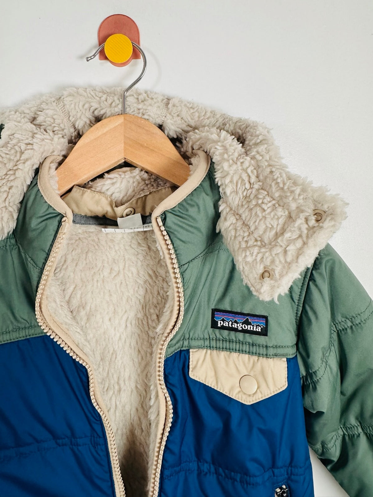 A Patagonia puffer jacket hanging on a wooden hanger against a plain white wall. The jacket features a green upper body, a blue lower body, and a thick beige sherpa lining throughout, with a Patagonia logo patch on the chest pocket.