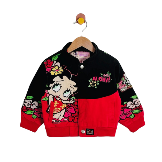 A children's bomber jacket hanging on a wooden hanger against a plain white background. The jacket is black on the upper body and sleeves, with a bright red lower front panel and cuffs.