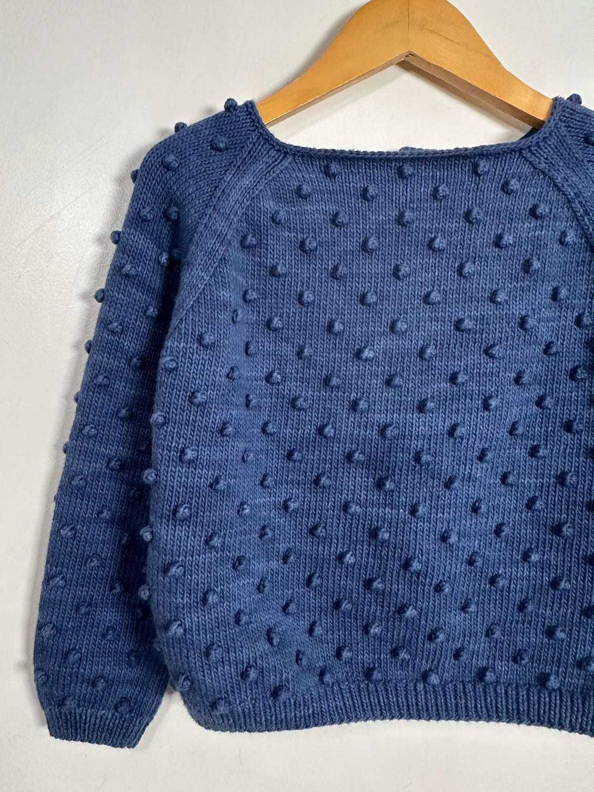 A blue textured knit sweater with raised pom-pom details, hanging on a wooden hanger against a plain off-white wall.
