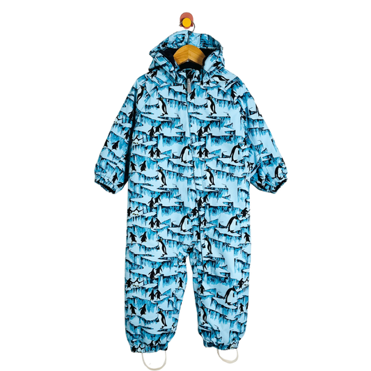 Children's snowsuit with penguin pattern on a white background