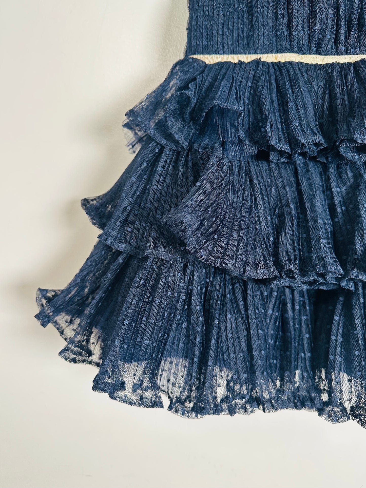 Close-up of a blue ruffled dress on a white background