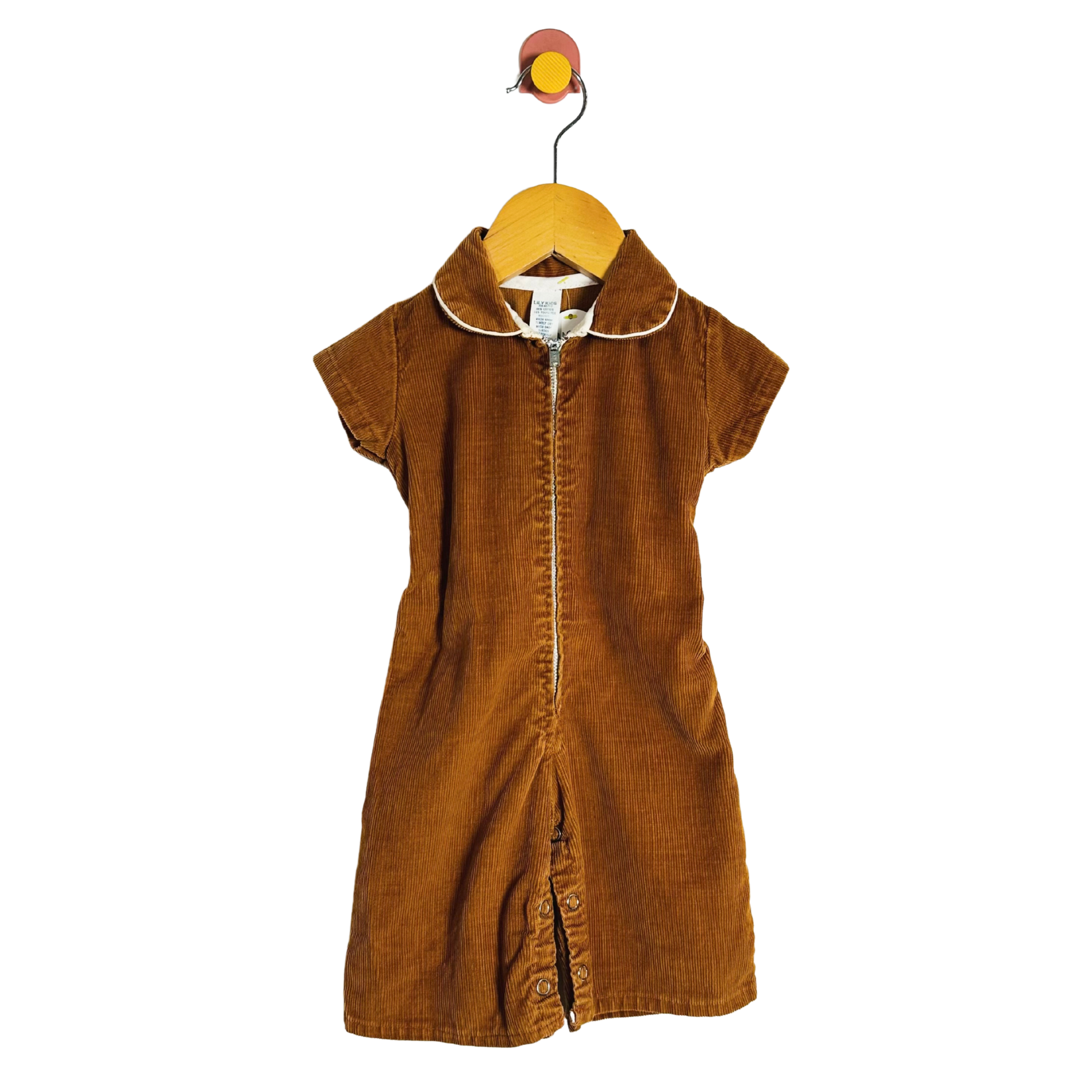 Brown dress on a hanger against a white background