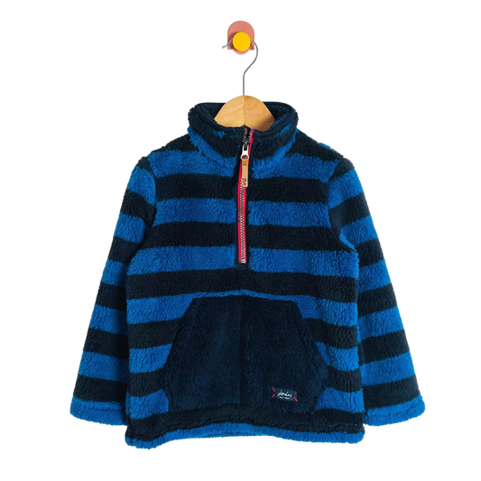 Blue striped fleece pullover on a hanger against a white background