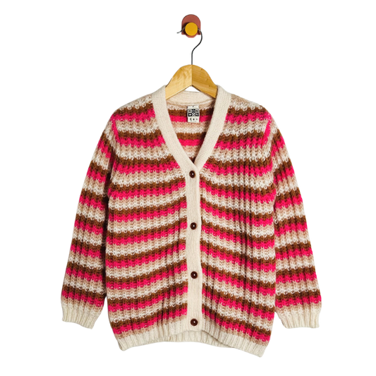 Striped cardigan on a hanger against a white background