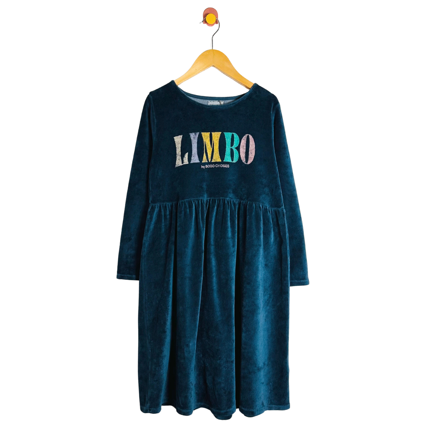 Blue dress with 'LIMBO' text on a white background