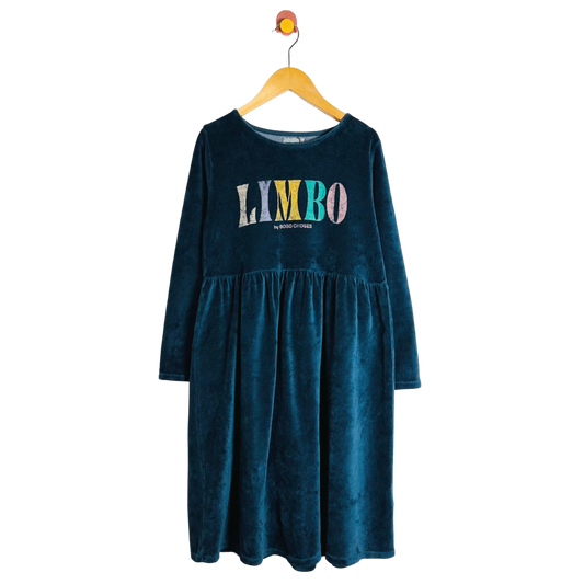 Blue dress with 'LIMBO' text on a white background