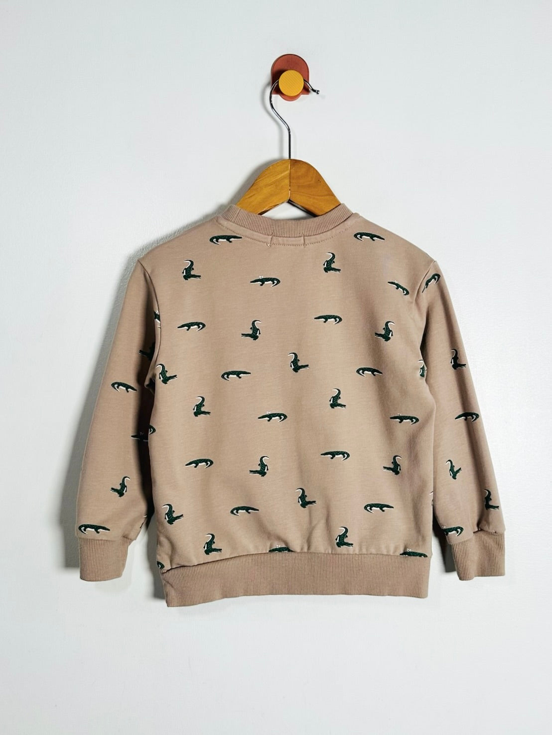 A beige crewneck sweatshirt with a repeating black bird pattern, hanging on a wooden hanger against a plain white wall.
