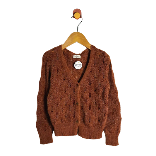 A rust-brown cable-knit cardigan sweater hanging on a wooden hanger against a plain white background.