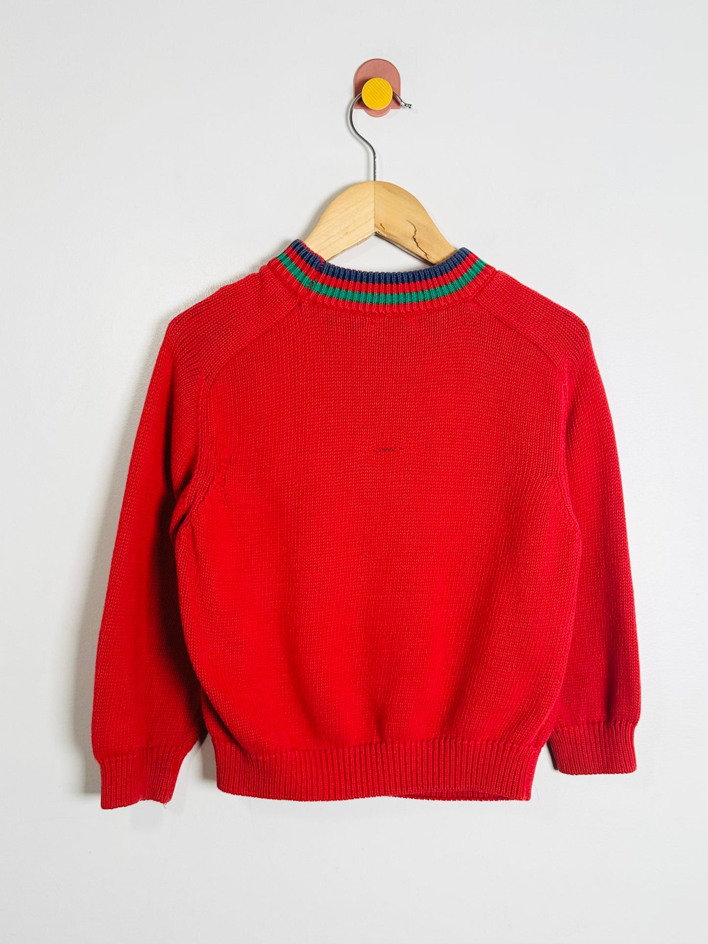 Red sweater on a wooden hanger against a light gray background