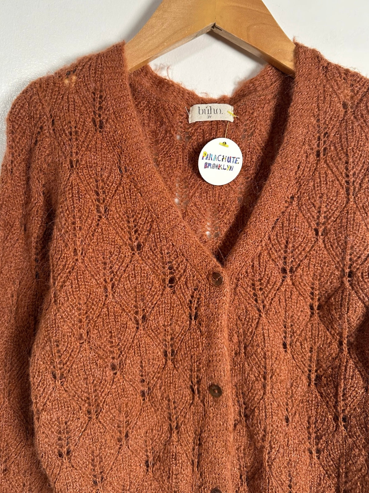 A rust-orange cable-knit cardigan sweater hanging on a wooden hanger against a white wall. The cardigan features a V-neck, button closure, and a textured diamond cable pattern.