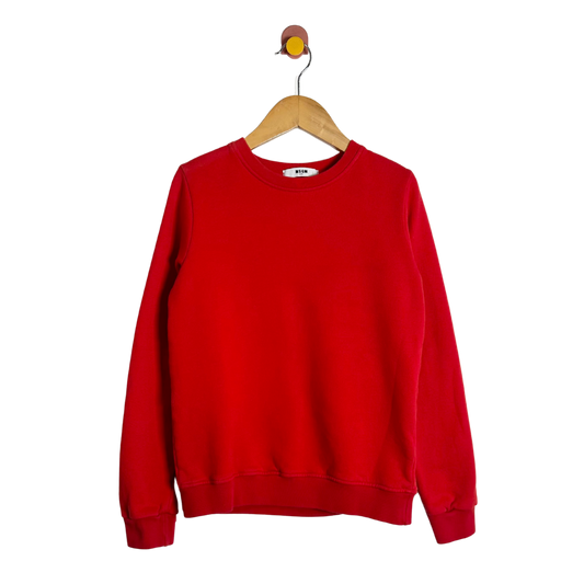 Red sweatshirt on a wooden hanger against a white background