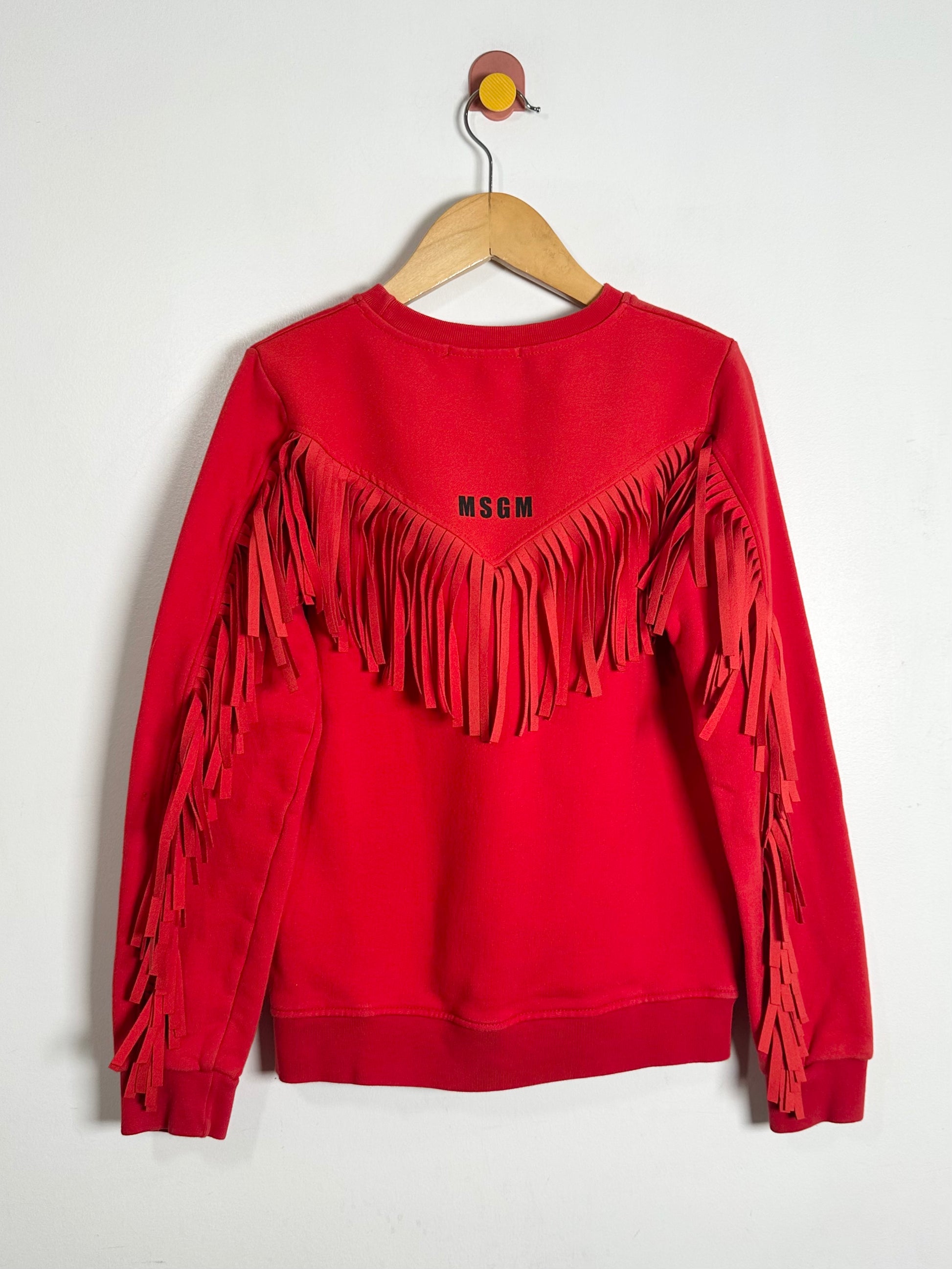 Red sweatshirt with fringe details on a hanger against a white background