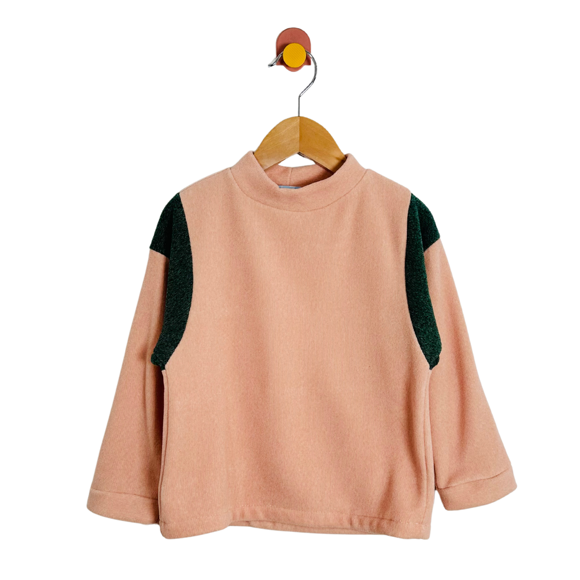 Pink sweater with green sleeves on a wooden hanger against a white background