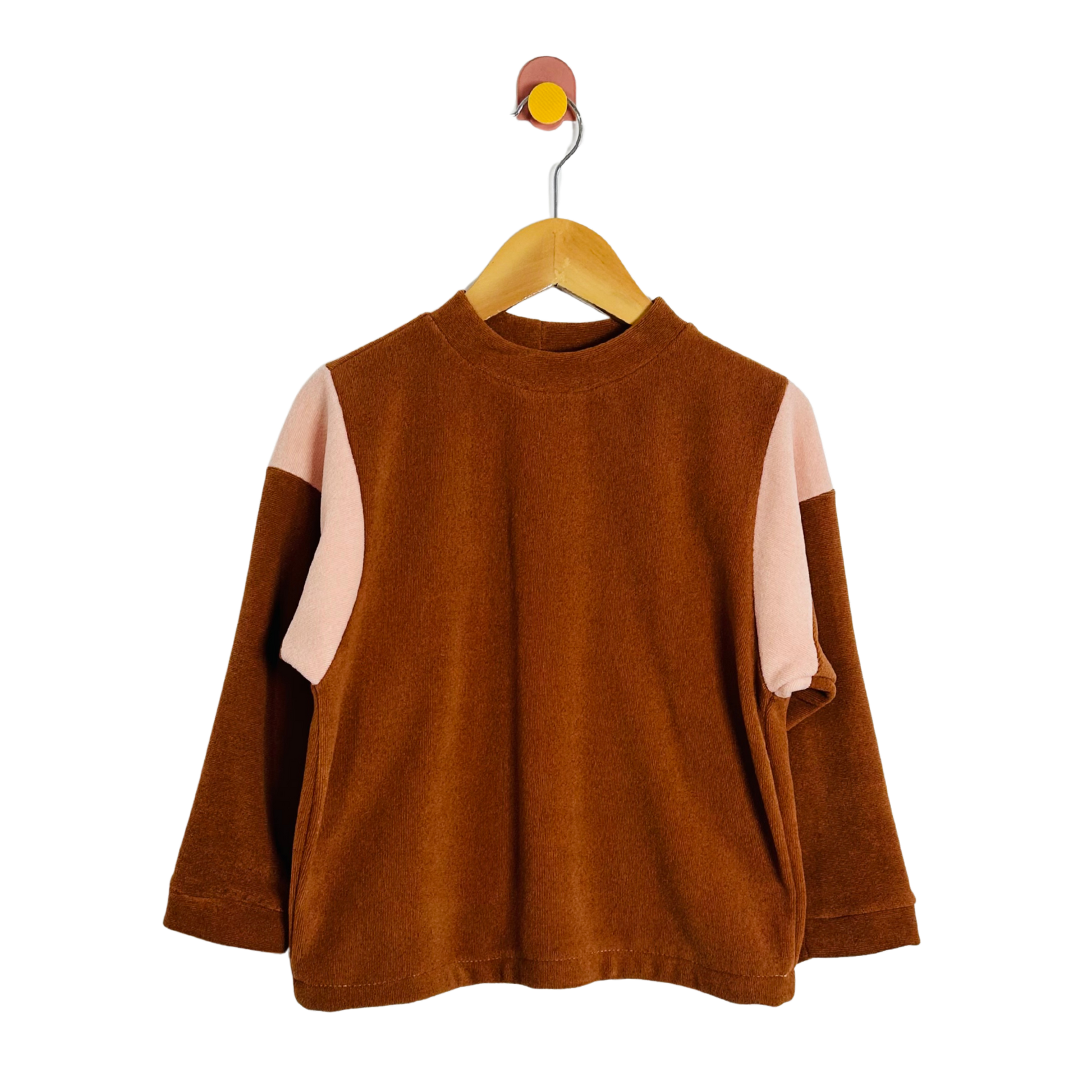 Brown sweater with pink sleeves on a hanger against a white background
