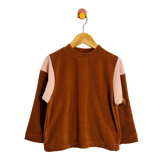 Brown sweater with pink sleeves on a hanger against a white background