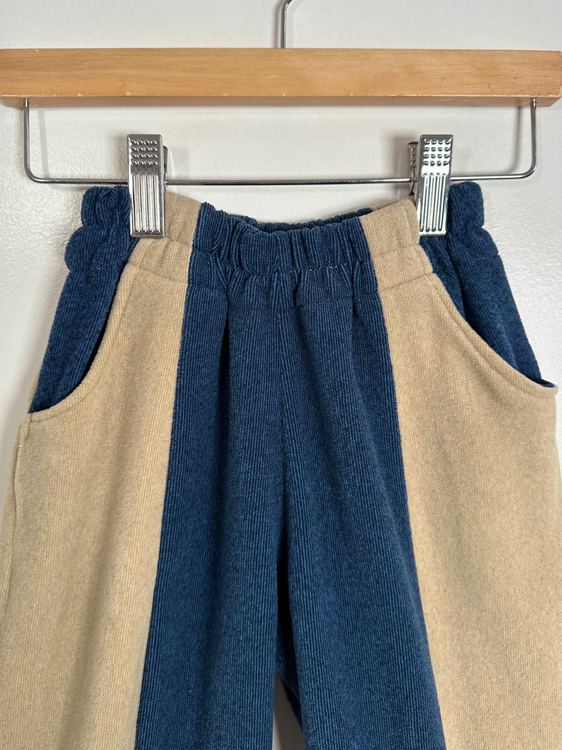 Pair of blue and beige pants hanging on a rack.