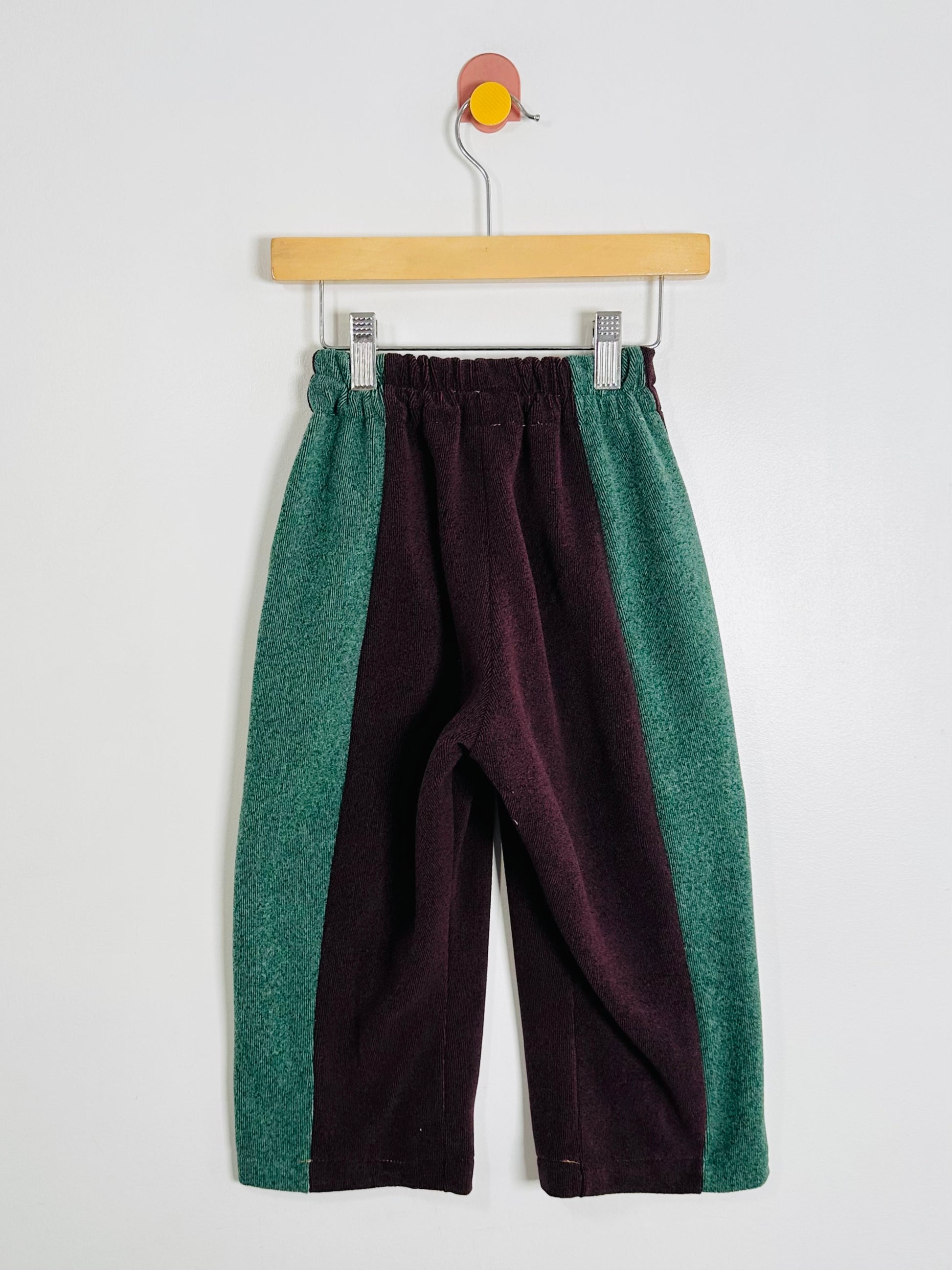 Two-tone pants with green and purple on a hanger against a white background