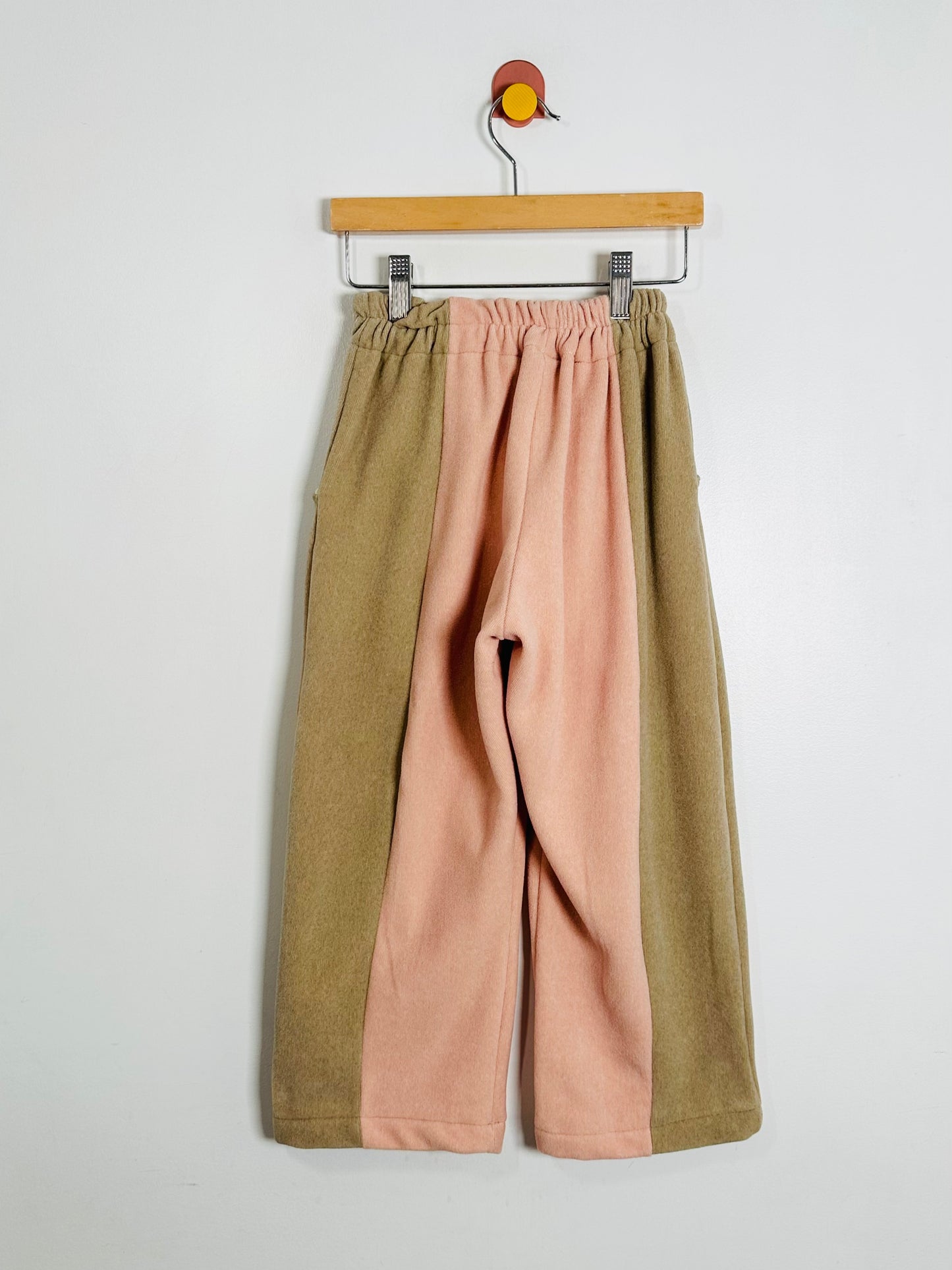 Two-tone pants on a hanger against a white background