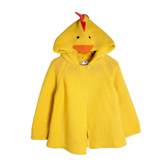 Yellow children's hooded jacket with chicken design on a white background