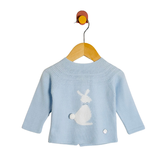 Light blue baby sweater with a white bunny design on a wooden hanger against a white background