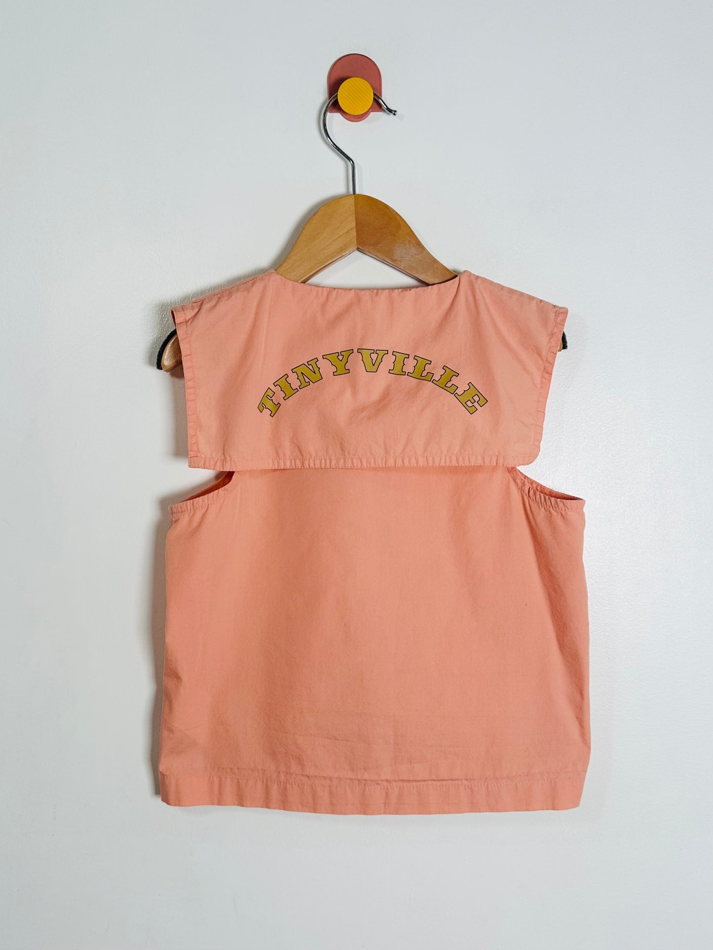 Pink dress with 'TINYVILLE' text on a hanger against a white background