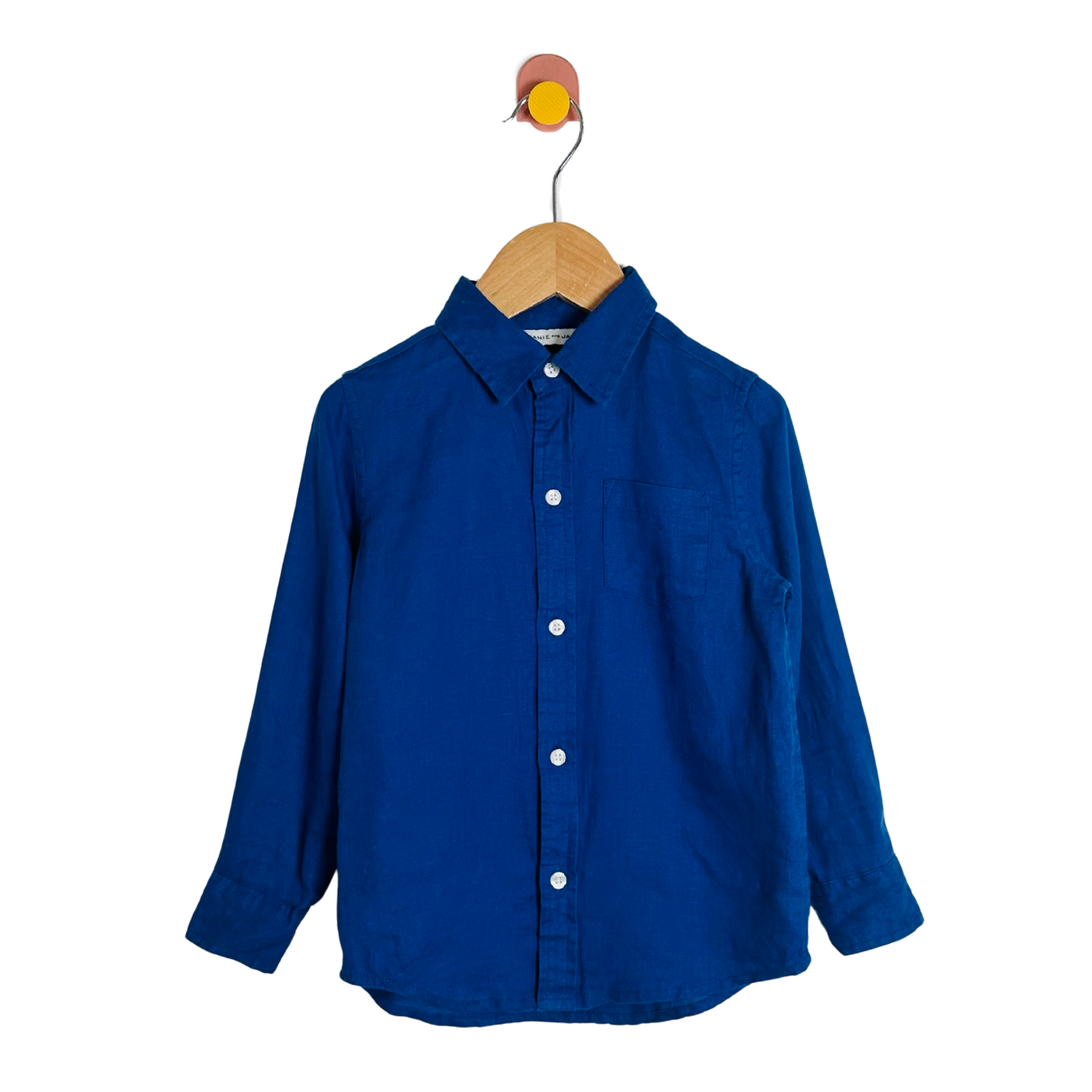 Blue shirt on a wooden hanger against a white background