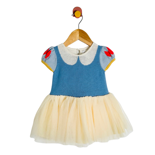 Children's dress with blue bodice and tulle skirt on a hanger against a white background