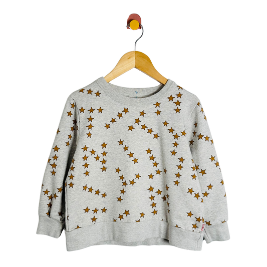 Gray sweatshirt with star pattern on a wooden hanger against a white background