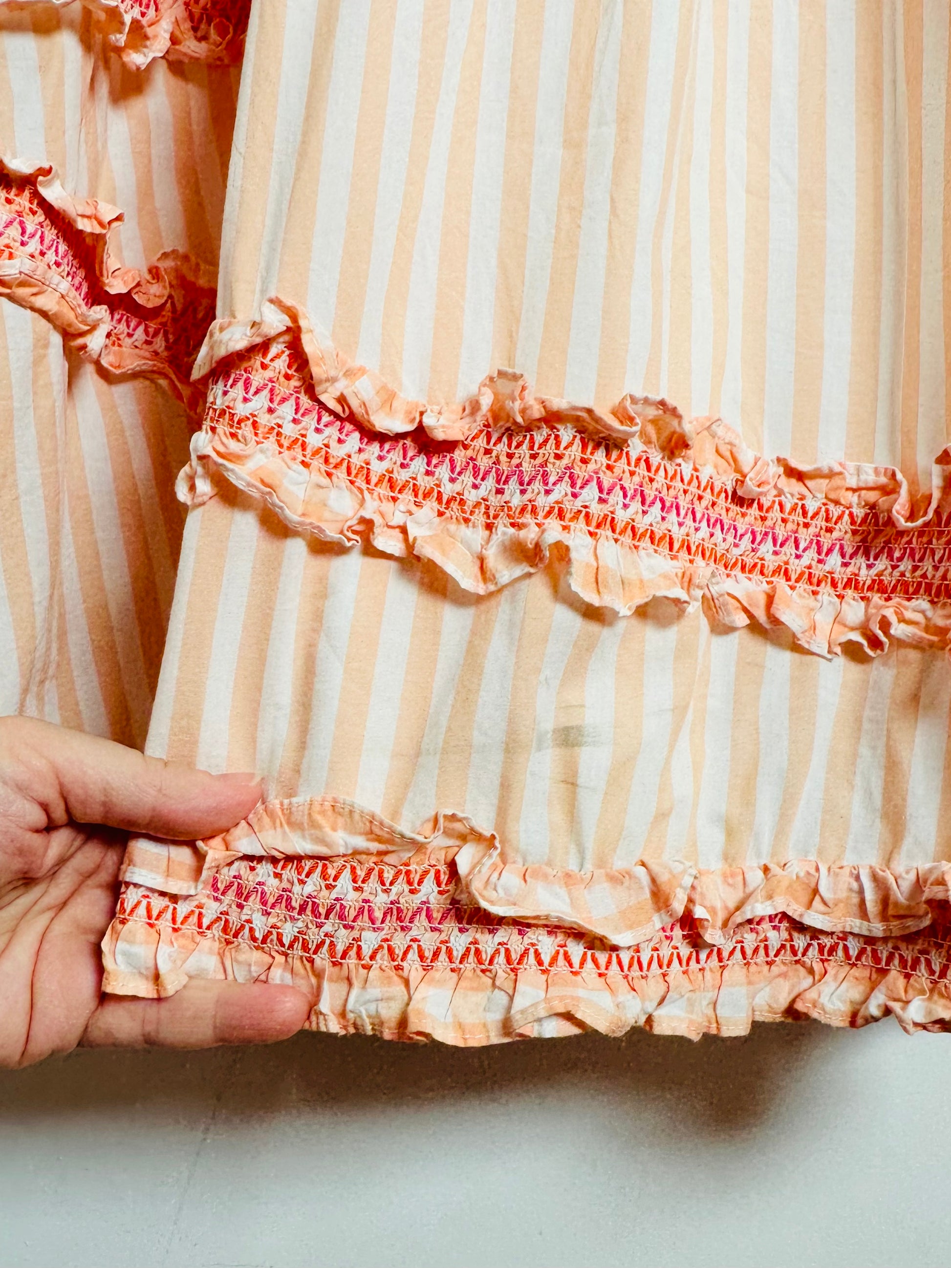 Close-up of a hand holding a piece of fabric with ruffled edges and colorful patterns.