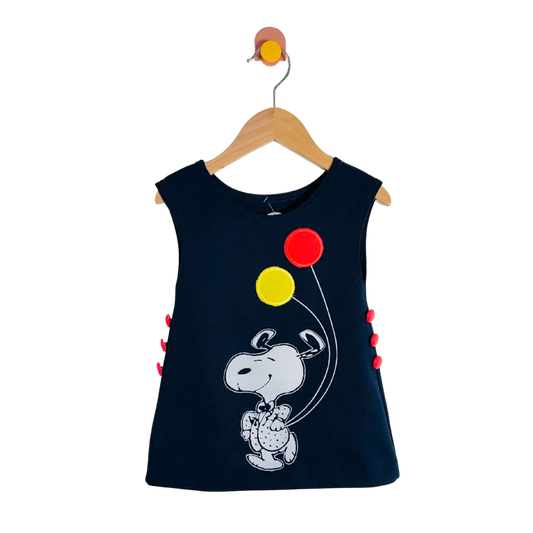 Black sleeveless dress with cartoon design and colorful balloons on a white background
