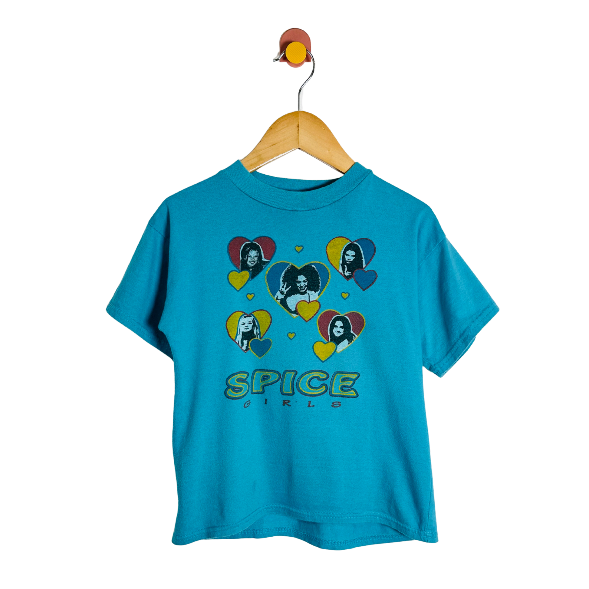 Blue t-shirt with graphic design on a hanger against a white background