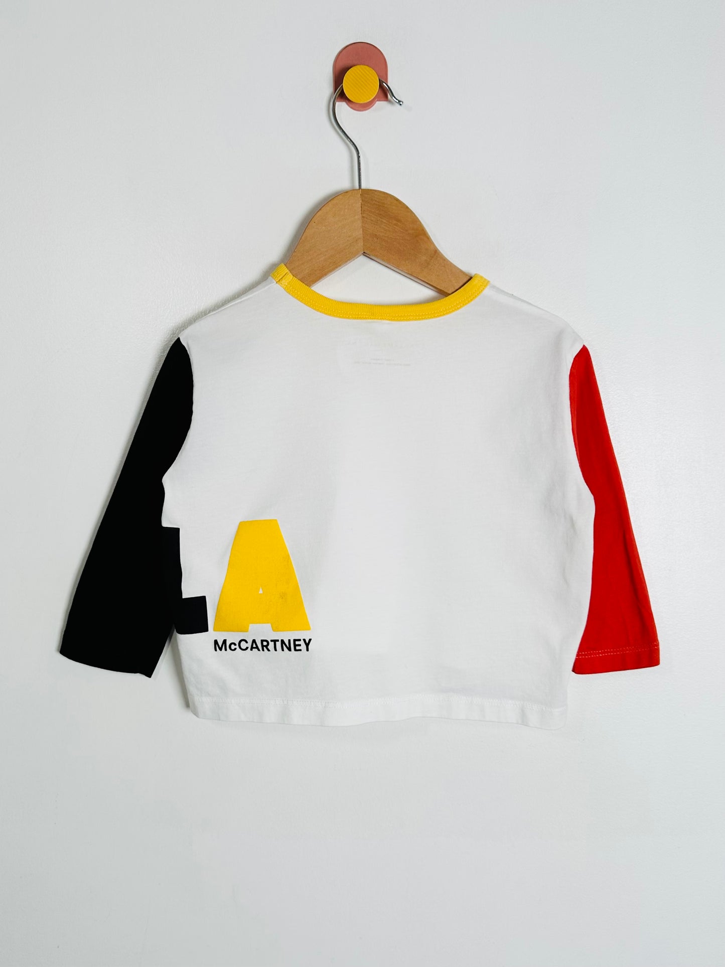 Color-blocked sweatshirt with 'McCartney' logo on a hanger against a white background
