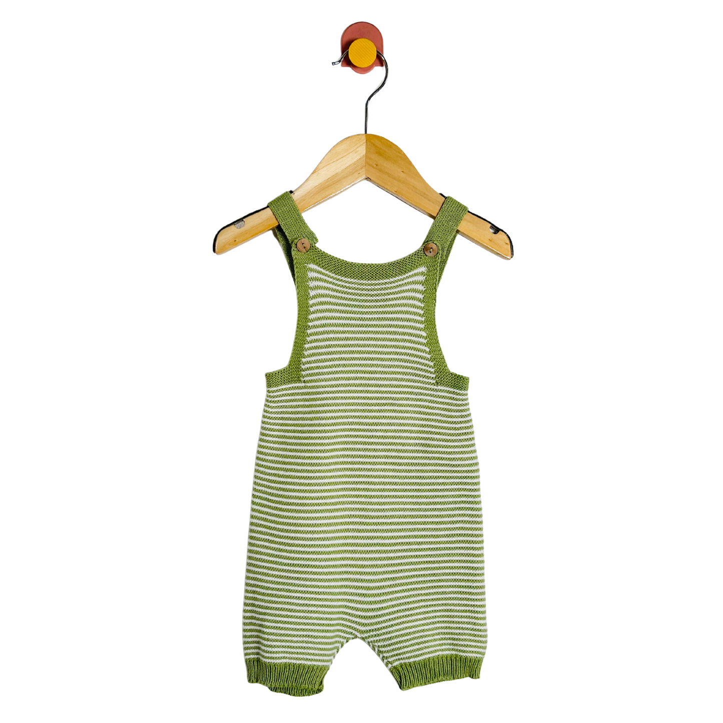 Green and white striped baby romper on a hanger against a white background