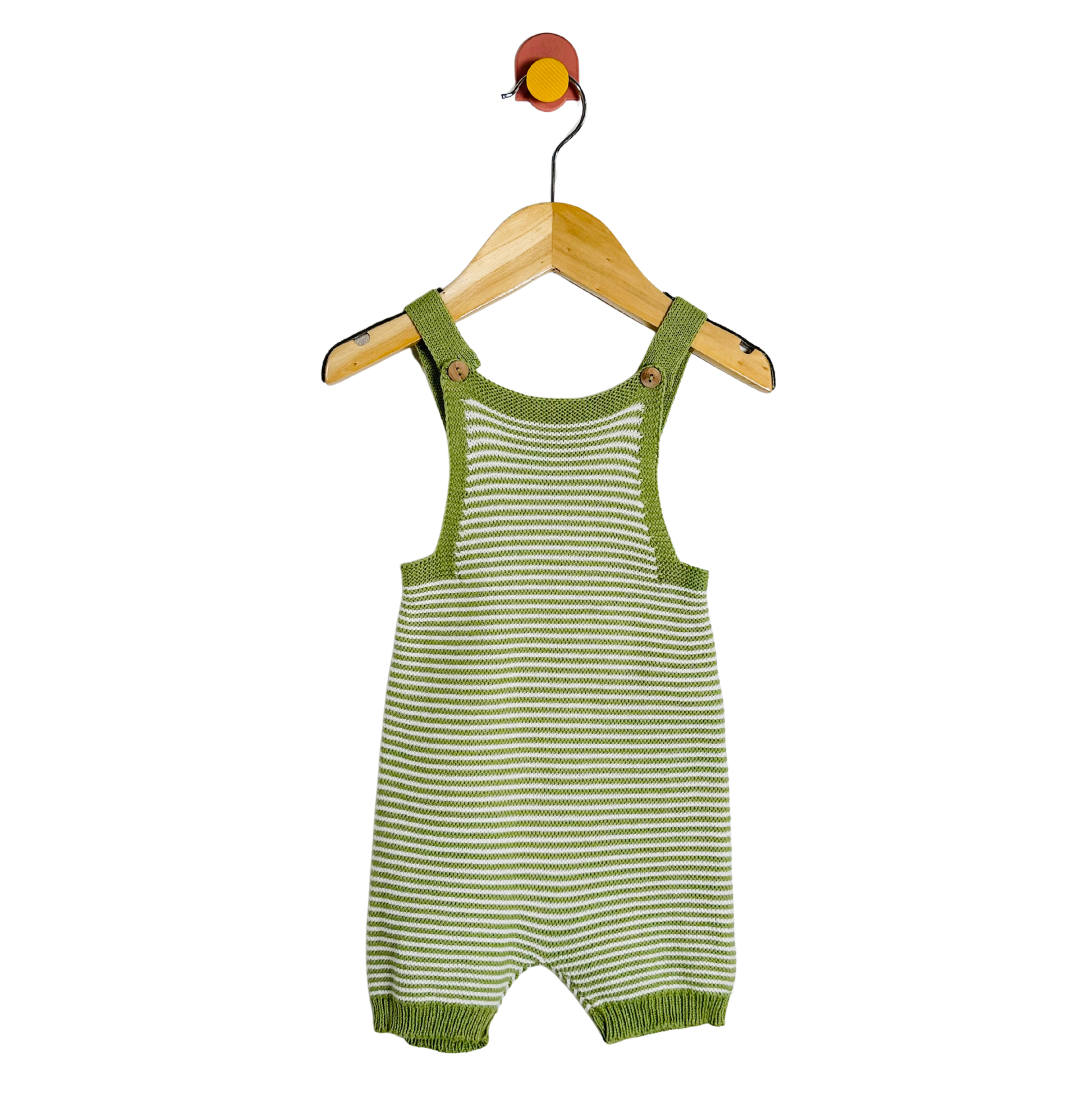 Green and white striped baby romper on a hanger against a white background