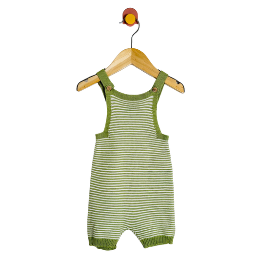 Green and white striped baby romper on a hanger against a white background