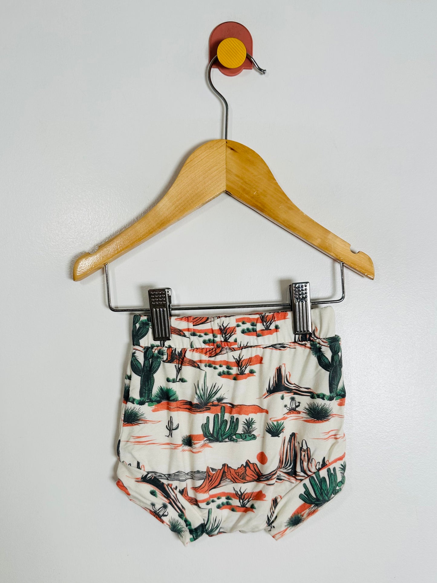 Baby bloomers with cactus pattern on a hanger against a white background
