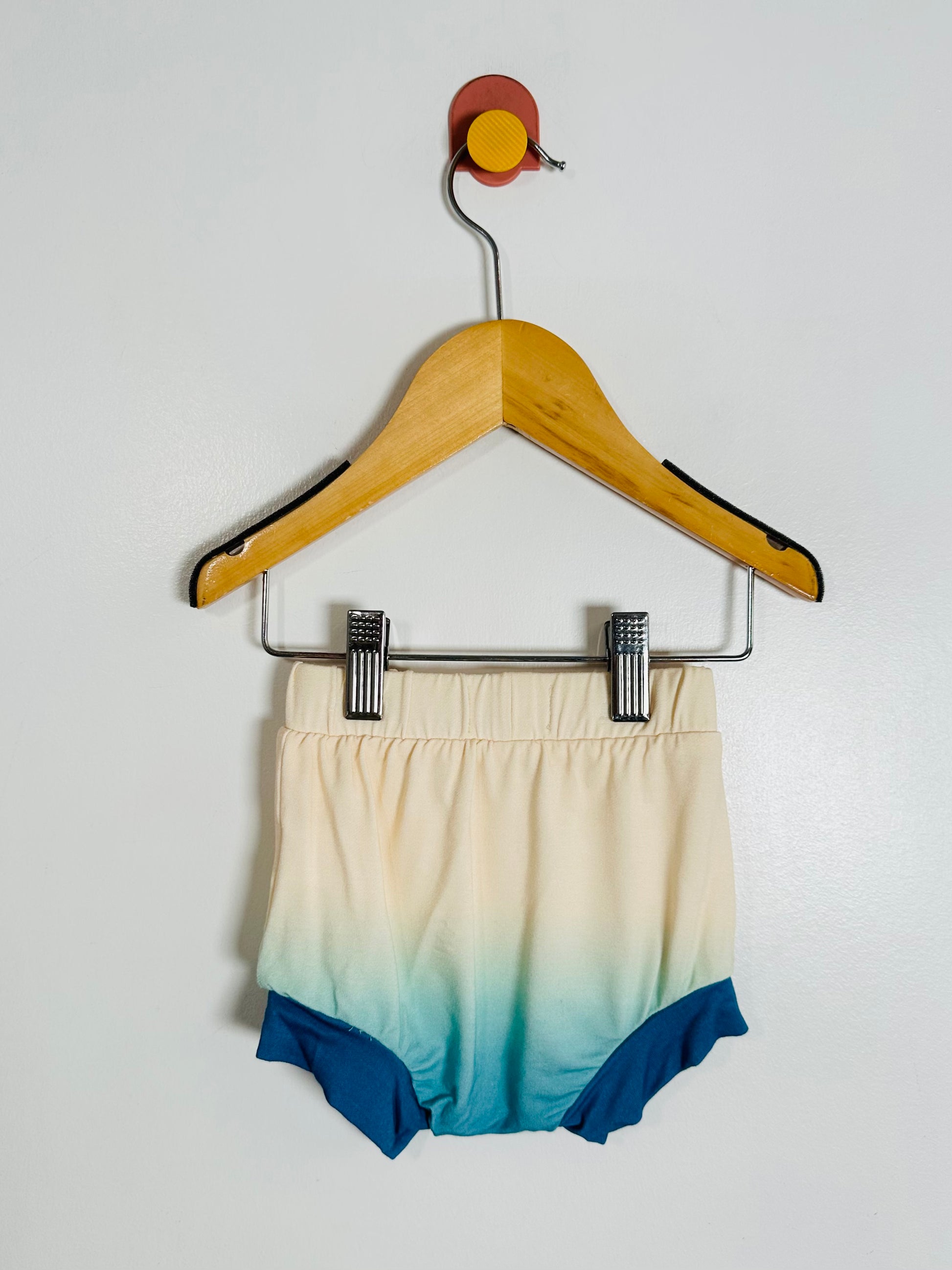 Ombre shorts hanging on a wooden hanger against a white background