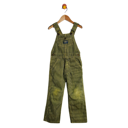 Striped overalls on a hanger against a white background
