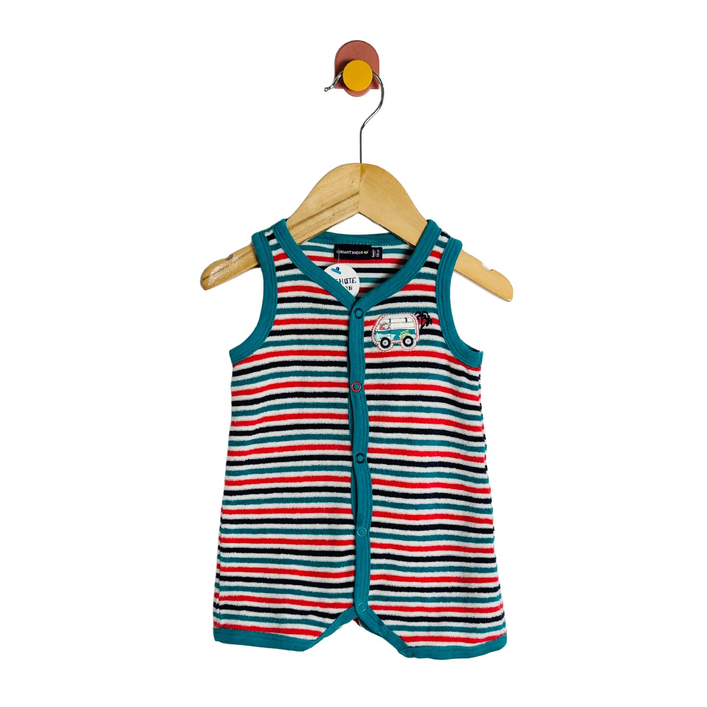 Striped baby romper with car design on a hanger against a white background