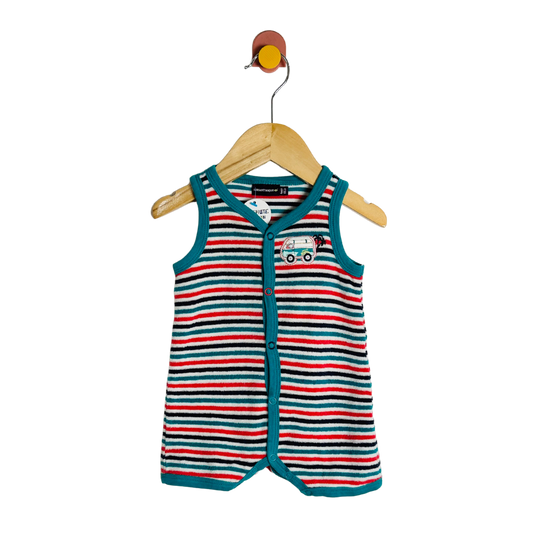 Striped baby romper with car design on a hanger against a white background