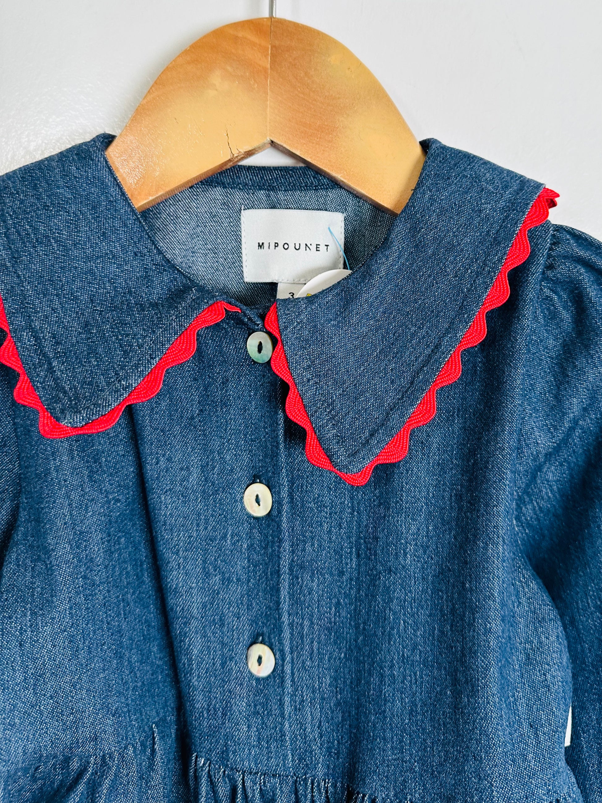 Blue dress with red collar on a wooden hanger against a white background