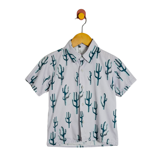 Short-sleeve shirt with cactus pattern on a hanger against a white background