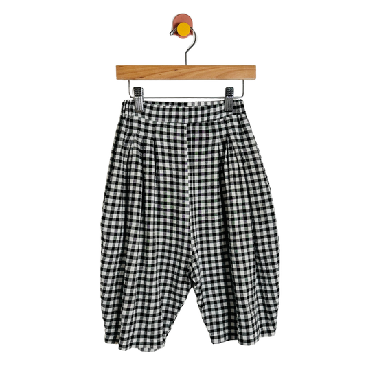 Black and white checkered pants on a wooden hanger against a white background